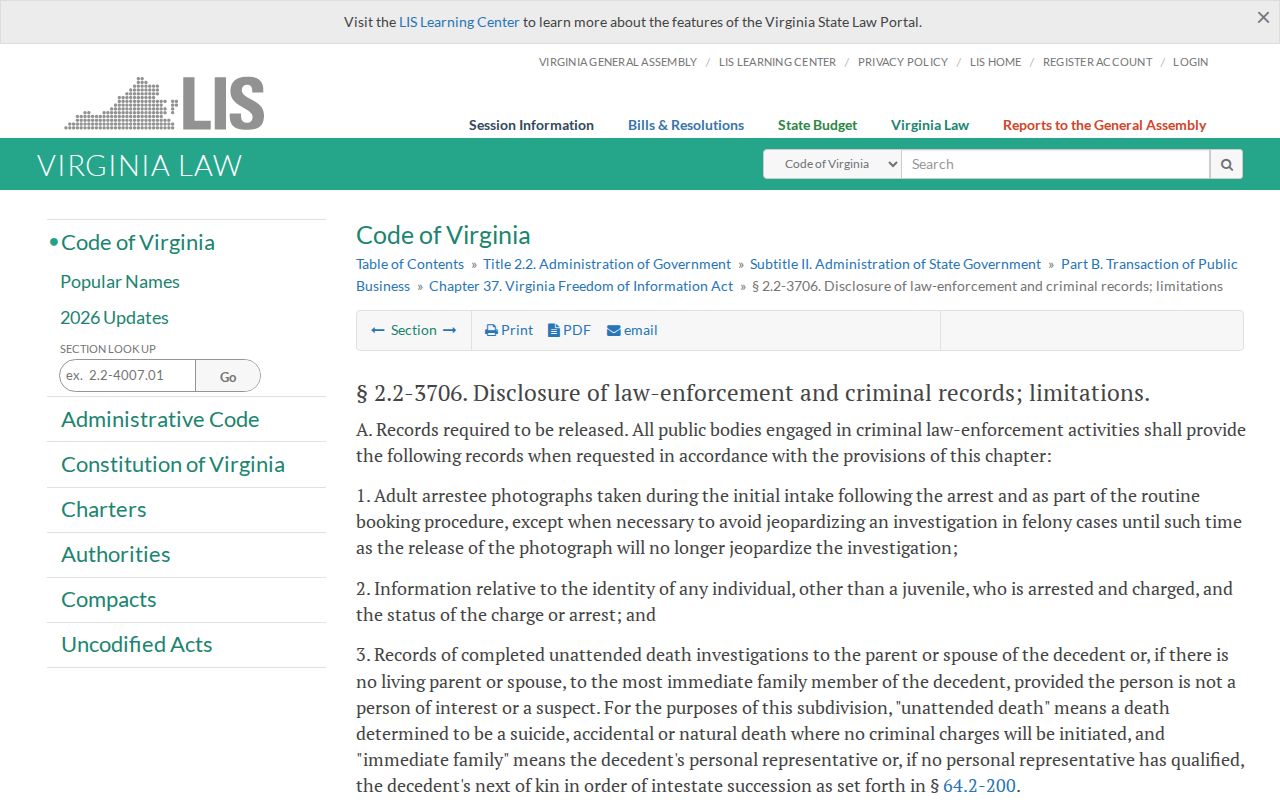 Virginia adult booking-photo records statute for Surry County requests
